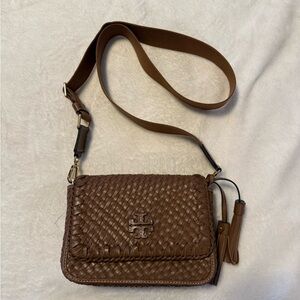 Tory Burch Brown Woven Leather Crossbody with Tassel